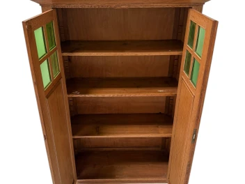 Arts & Crafts Art Nouveau Bookcase with Original Green Glass, 1900s